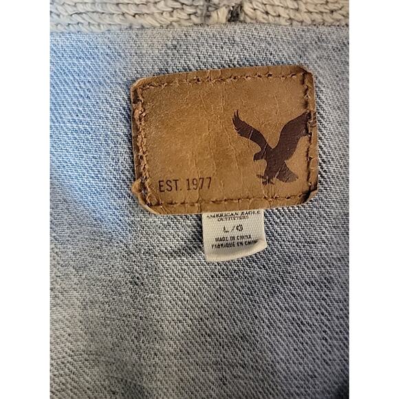 AMERICAN EAGLE OUTFITTERS Hooded Denim Jacket Sz Large Gray Knit Fabric Sleeves - Picture 2 of 8